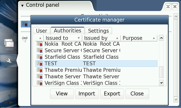 Certificate Manager applet of Control Panel showing a certification authority manually inserted by our sample program in /usr/share/certs/certman.cst