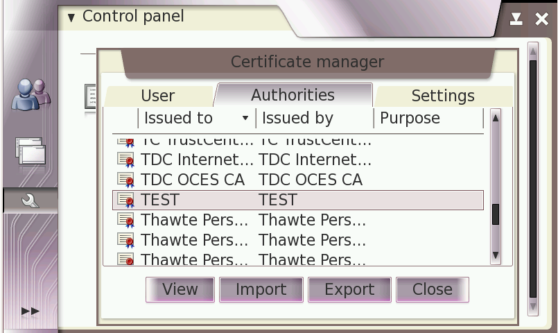 Certificate Manager applet of Control Panel showing a certification authority manually inserted by our sample program in /usr/share/certs/certman.cst